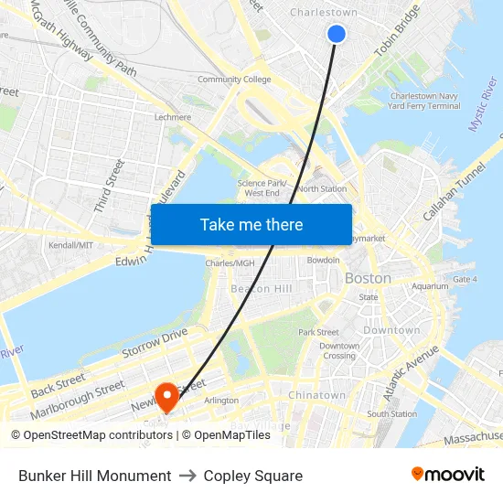 Bunker Hill Monument to Copley Square map