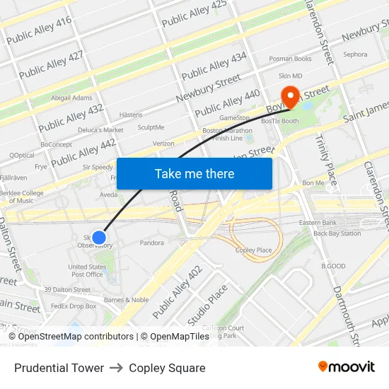 Prudential Tower to Copley Square map