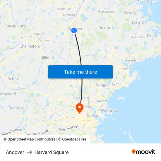 Andover to Harvard Square map