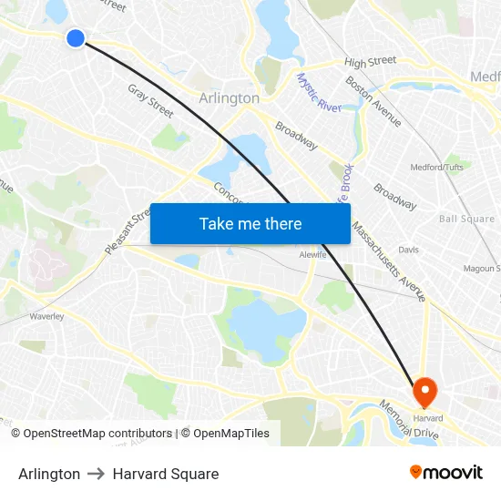 Arlington to Harvard Square map