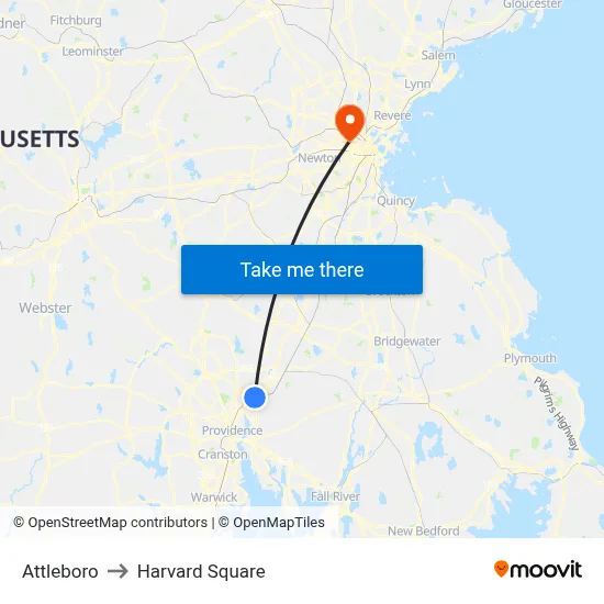 Attleboro to Harvard Square map