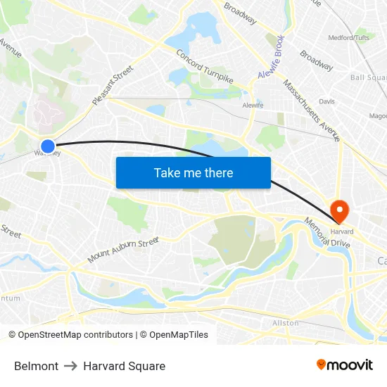 Belmont to Harvard Square map