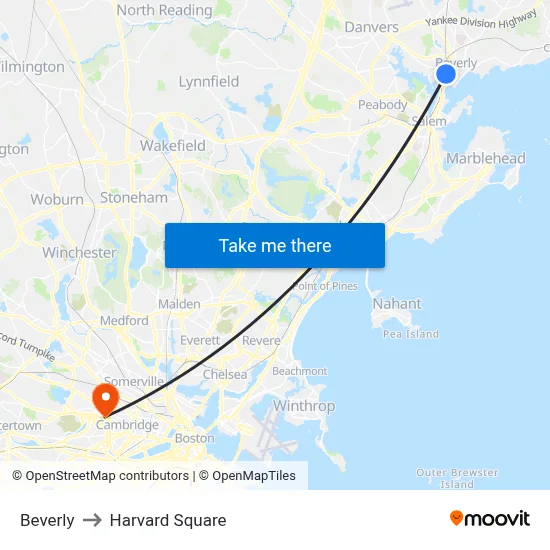 Beverly to Harvard Square map