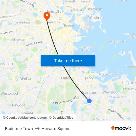 Braintree Town to Harvard Square map