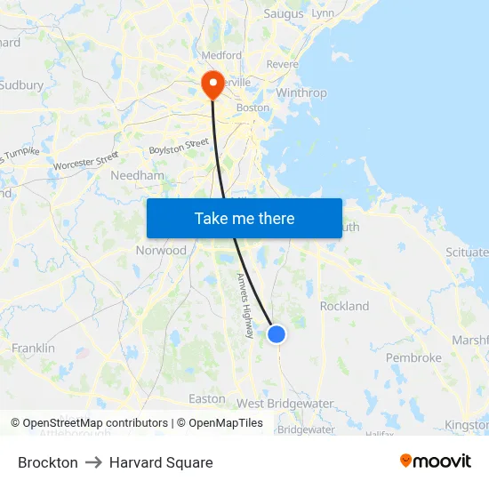 Brockton to Harvard Square map