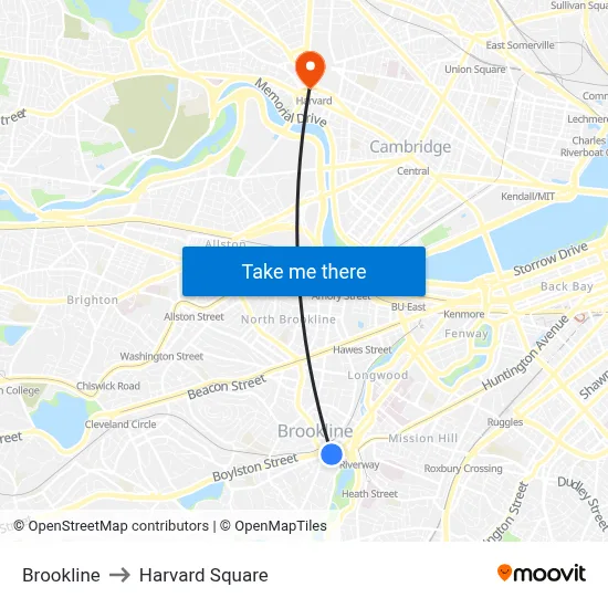 Brookline to Harvard Square map