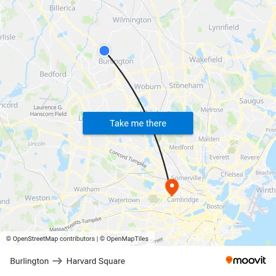 Burlington to Harvard Square map