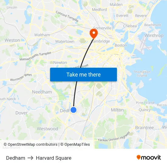 Dedham to Harvard Square map