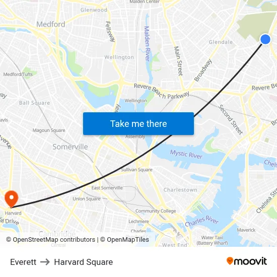 Everett to Harvard Square map