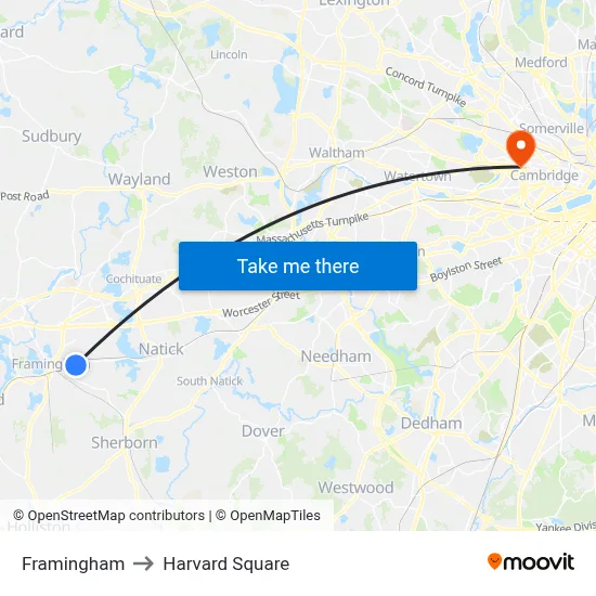 Framingham to Harvard Square map