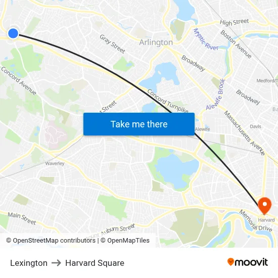 Lexington to Harvard Square map