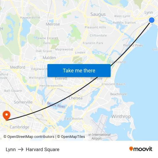 Lynn to Harvard Square map