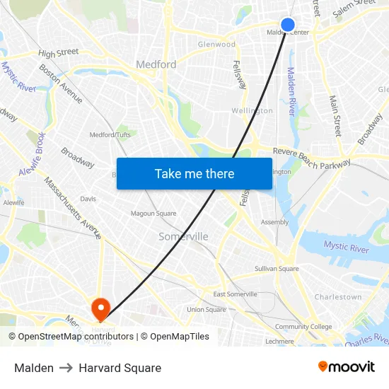 Malden to Harvard Square map