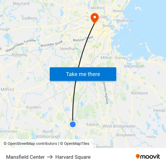 Mansfield Center to Harvard Square map