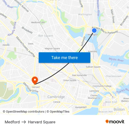 Medford to Harvard Square map