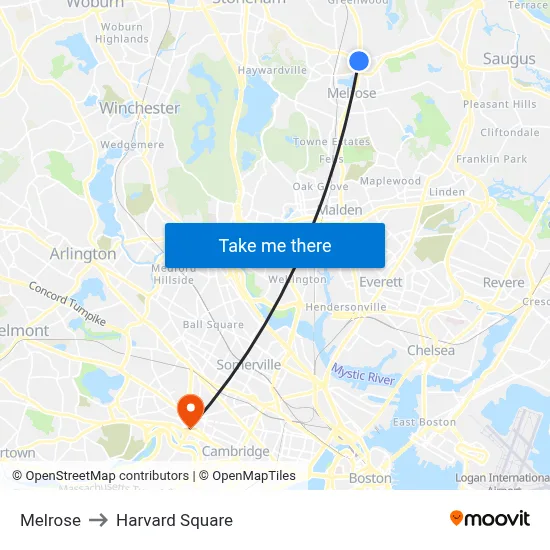 Melrose to Harvard Square map
