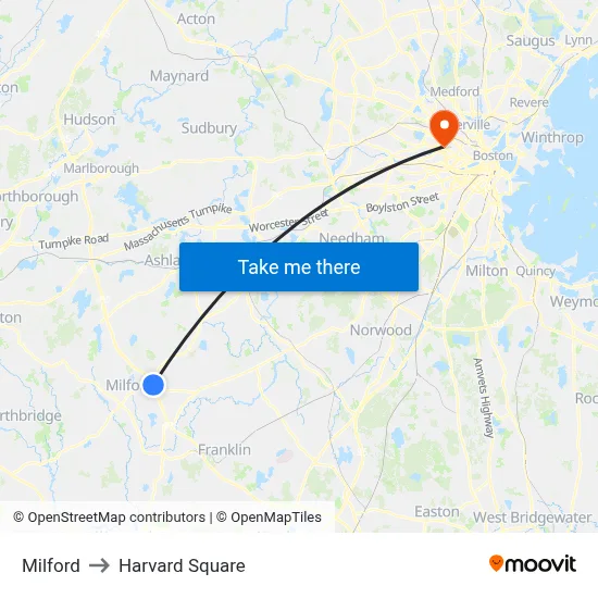 Milford to Harvard Square map