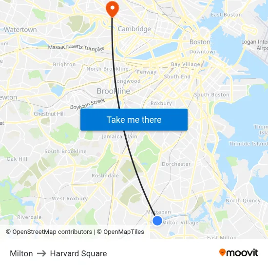Milton to Harvard Square map