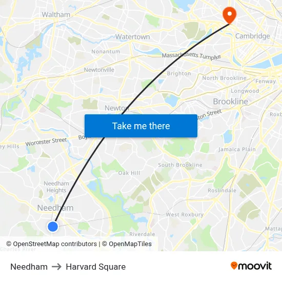 Needham to Harvard Square map