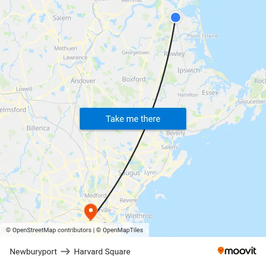 Newburyport to Harvard Square map