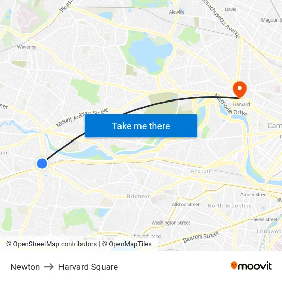 Newton to Harvard Square map