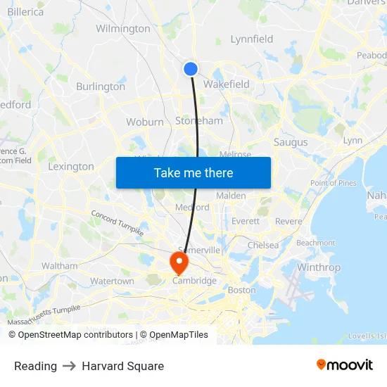 Reading to Harvard Square map