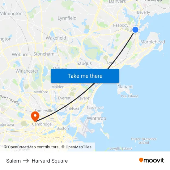 Salem to Harvard Square map
