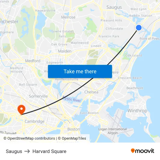 Saugus to Harvard Square map