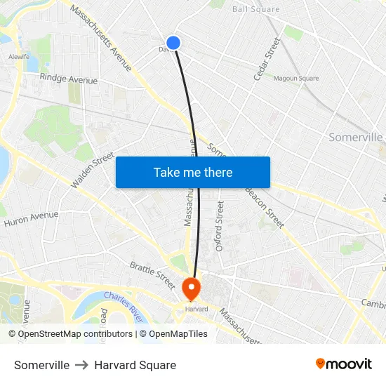 Somerville to Harvard Square map