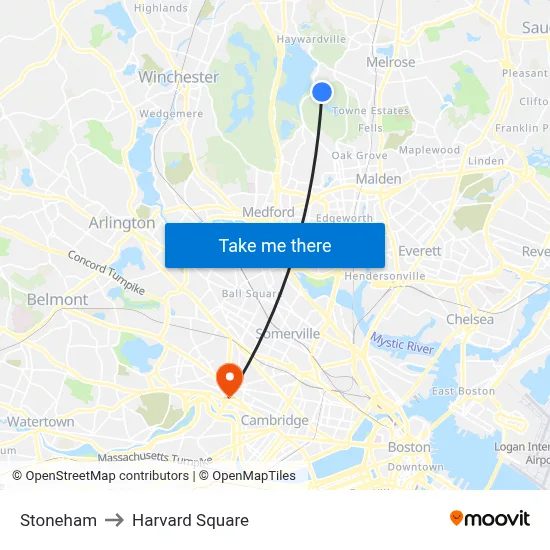 Stoneham to Harvard Square map