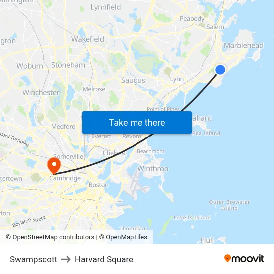 Swampscott to Harvard Square map
