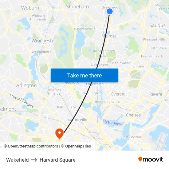 Wakefield to Harvard Square map