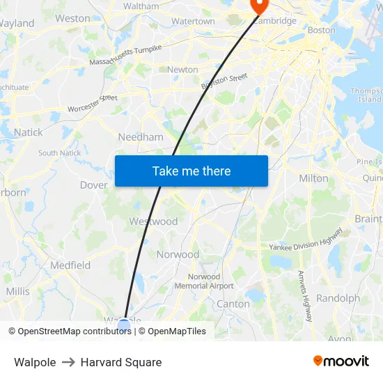 Walpole to Harvard Square map