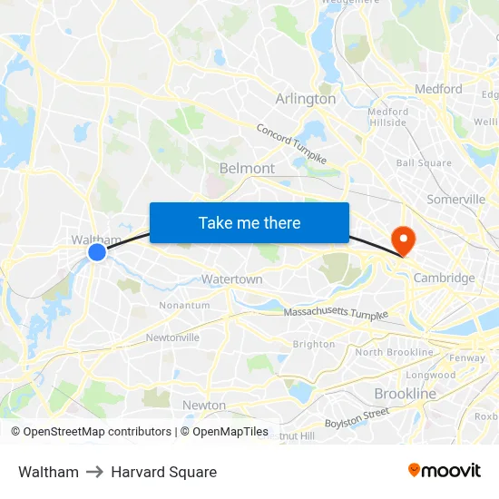 Waltham to Harvard Square map