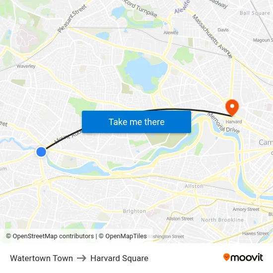 Watertown Town to Harvard Square map