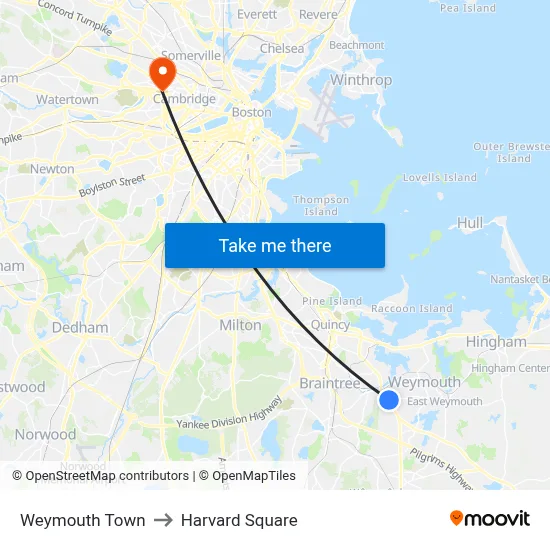 Weymouth Town to Harvard Square map