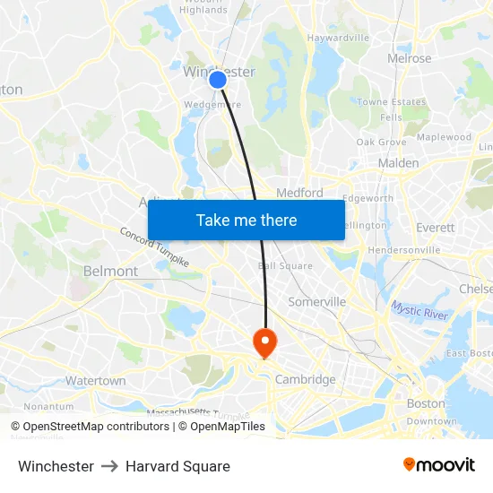 Winchester to Harvard Square map