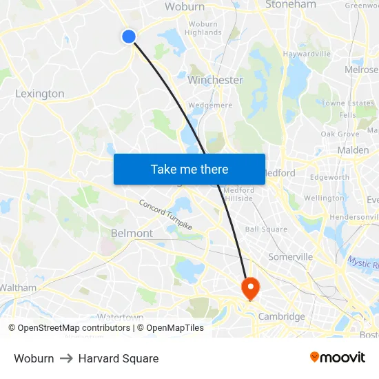 Woburn to Harvard Square map