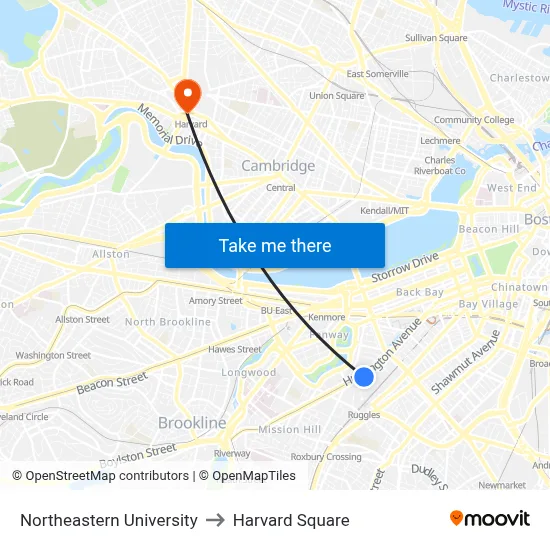 Northeastern University to Harvard Square map