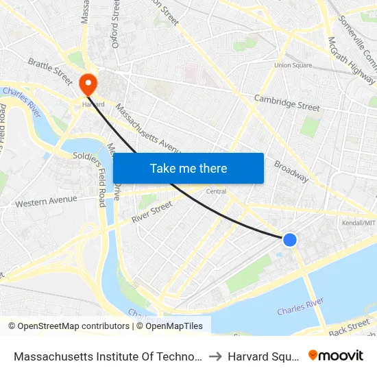 Massachusetts Institute Of Technology to Harvard Square map