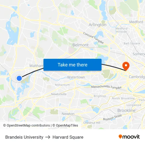 Brandeis University to Harvard Square map