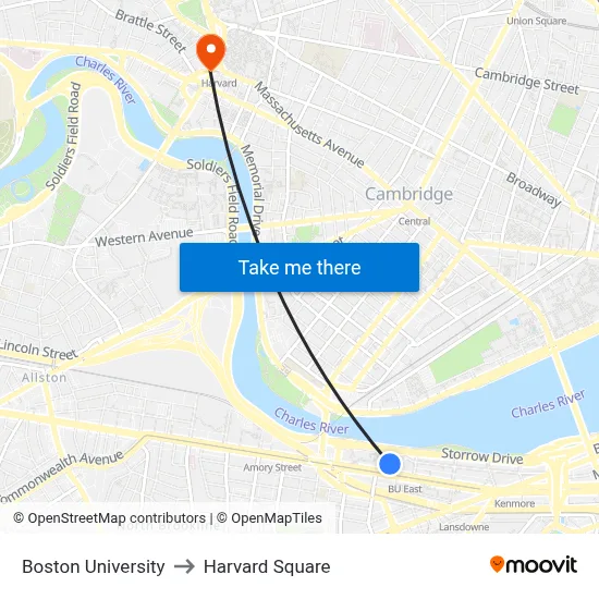Boston University to Harvard Square map