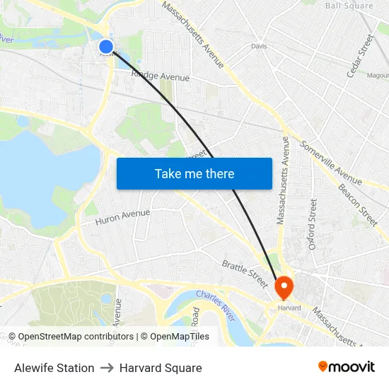 Alewife Station to Harvard Square map