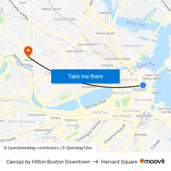 Canopy by Hilton Boston Downtown to Harvard Square map