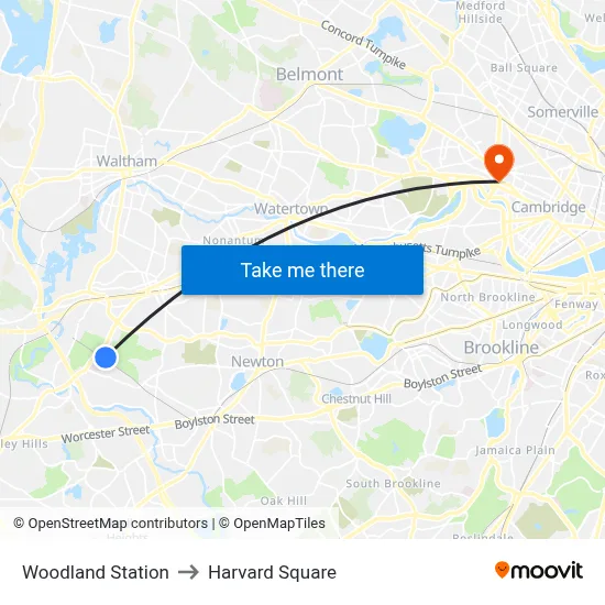 Woodland Station to Harvard Square map