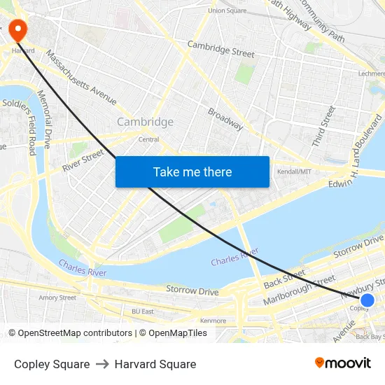 Copley Square to Harvard Square map