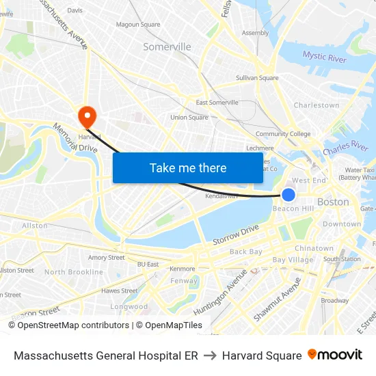 Massachusetts General Hospital ER to Harvard Square map