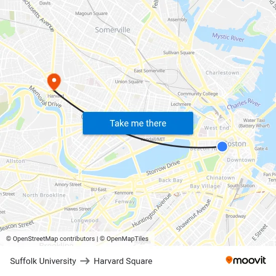 Suffolk University to Harvard Square map
