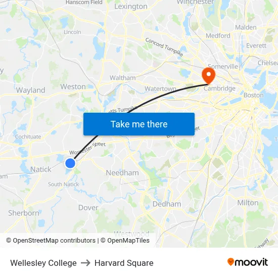 Wellesley College to Harvard Square map