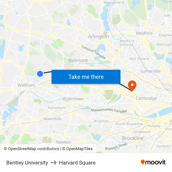 Bentley University to Harvard Square map